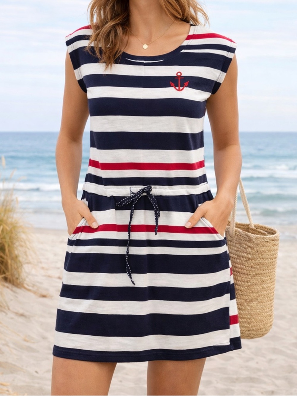 EXIST Nautical Striped Dress Anchor Navy White Red Casual Summer Size S